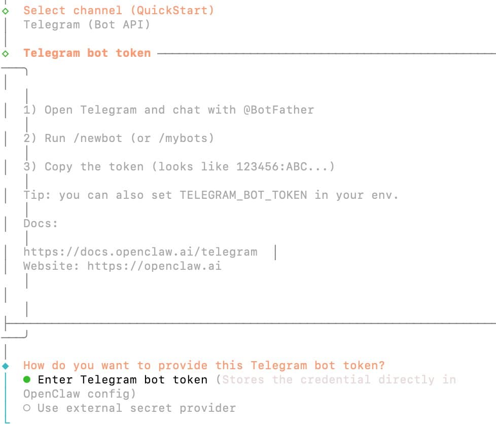 Telegram token 設定畫面