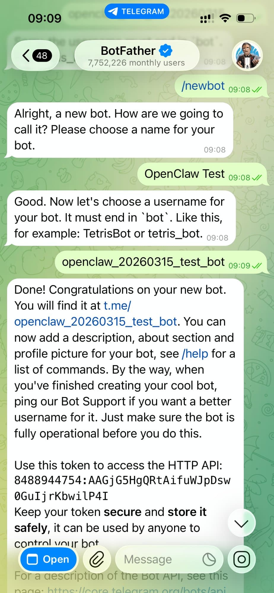 BotFather /newbot 流程（手機）